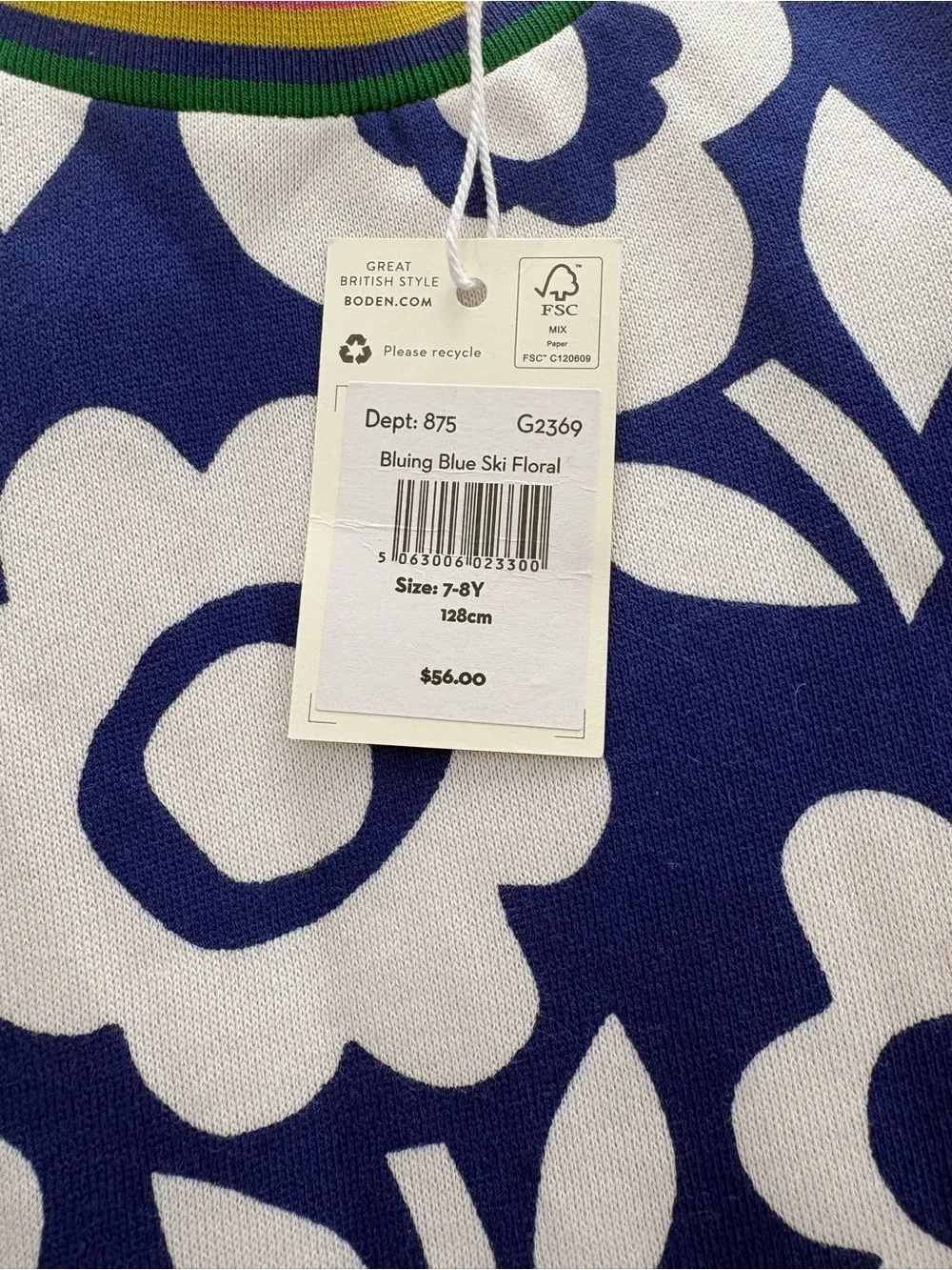 Boden Blue and White Floral Sweatshirt Dress with Rainbow-Trim
